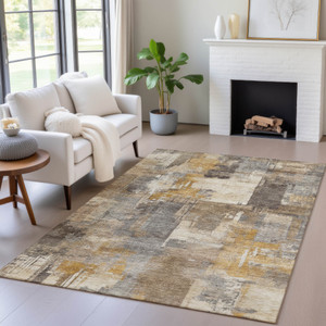 10' X 14' Brown Beige And Charcoal Abstract Washable Indoor Outdoor Area Rug
