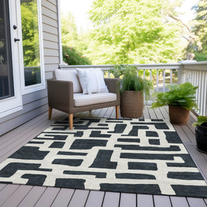 10' X 14' Black And Ivory Abstract Washable Indoor Outdoor Area Rug - 606114976844