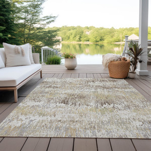 10' X 14' Ivory And Taupe Striped Washable Indoor Outdoor Area Rug