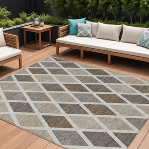 9' X 12' Beige Gray And Brown Geometric Washable Indoor Outdoor Area Rug