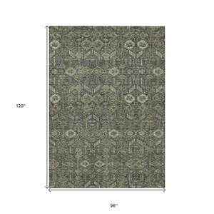 8' X 10' Moss Green and Gray Floral Washable Non Skid Indoor Outdoor Area Rug