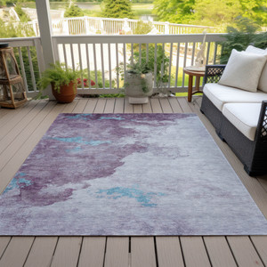 10' X 14' Lavender And Teal Blue Abstract Washable Indoor Outdoor Area Rug - Lavender, Teal Blue