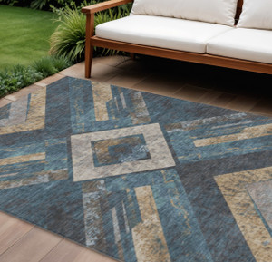 8' X 10' Navy Blue And Beige Geometric Washable Indoor Outdoor Area Rug