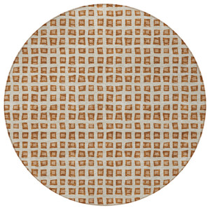 8' Orange Beige And Copper Round Geometric Washable Indoor Outdoor Area Rug