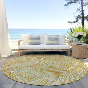 8' Gold Copper And Brown Round Geometric Washable Indoor Outdoor Area Rug