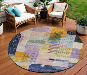 8' Plum Purple And Copper Round Abstract Washable Indoor Outdoor Area Rug
