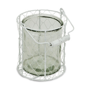 6" White and Clear Wire Basket and Glass Jar - 4512839576039 6" White and Clear Wire Basket and Glass Jar - 4512839576039