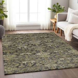 9' X 12' Charcoal And Beige Damask Washable Indoor Outdoor Area Rug