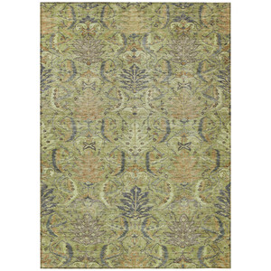 8' X 10' Artichoke Green Gray And Tan Damask Washable Indoor Outdoor Area Rug