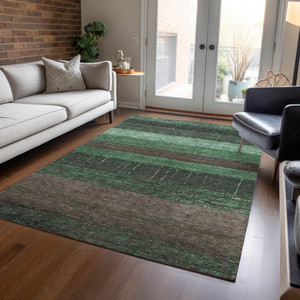 9' X 12' Green And Khaki Striped Washable Indoor Outdoor Area Rug