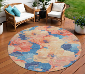 8' Peach And Blue Round Floral Washable Indoor Outdoor Area Rug