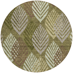 8' Olive Green Artichoke Green And Gray Round Floral Washable Indoor Outdoor Area Rug