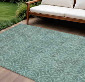 9' X 12' Teal Blue Geometric Washable Indoor Outdoor Area Rug
