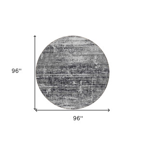 8' Black Gray And Charcoal Round Abstract Washable Indoor Outdoor Area Rug