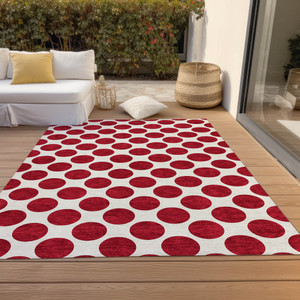 8' X 10' Red And Ivory Polka Dot Washable Indoor Outdoor Area Rug