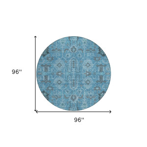 8' Sky Blue And Gray Round Oriental Washable Indoor Outdoor Area Rug