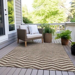 8' X 10' Brown And Beige Chevron Washable Indoor Outdoor Area Rug