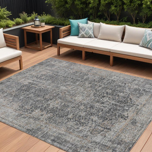 10' X 14' Charcoal And Silver Abstract Washable Indoor Outdoor Area Rug