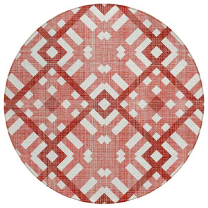 8' Red And Ivory Round Geometric Washable Indoor Outdoor Area Rug