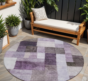 8' Eggplant Black And Lavender Round Geometric Washable Indoor Outdoor Area Rug