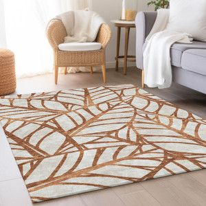 9' X 12' Orange Beige And Copper Floral Washable Indoor Outdoor Area Rug