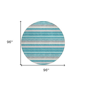 8' Teal Blue Gray And Ivory Round Striped Washable Indoor Outdoor Area Rug