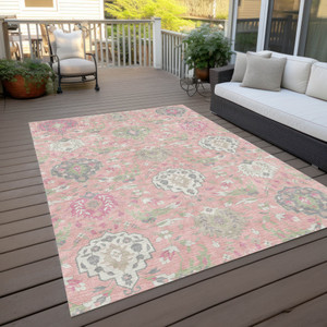 10' X 14' Pink Ivory And Gray Damask Washable Indoor Outdoor Area Rug
