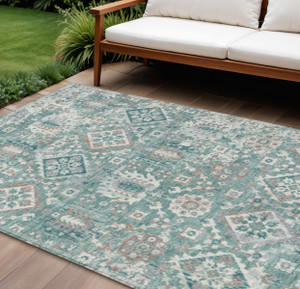 8' X 10' Pale Aqua And Copper Floral Medallion Washable Indoor Outdoor Area Rug
