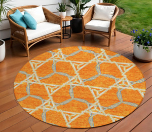 8' Orange And Blue Round Geometric Washable Indoor Outdoor Area Rug - Orange, Blue