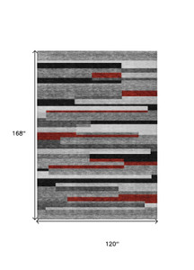 10' X 14' Gray Black And Red Striped Washable Indoor Outdoor Area Rug