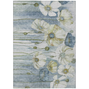8' X 10' Denim Blue And Sky Blue Floral Washable Indoor Outdoor Area Rug