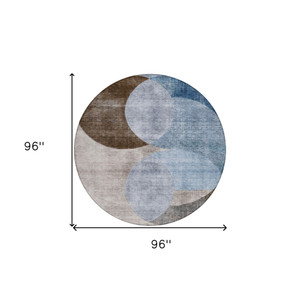 8' Denim Blue Brown And Beige Round Geometric Washable Indoor Outdoor Area Rug