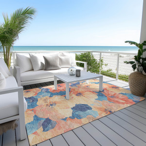 8' X 10' Peach And Blue Floral Washable Indoor Outdoor Area Rug