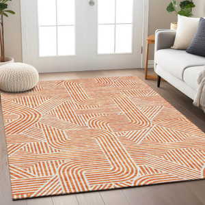 9' X 12' Orange And Ivory Abstract Washable Indoor Outdoor Area Rug Transitional Style - Orange, Ivory Color