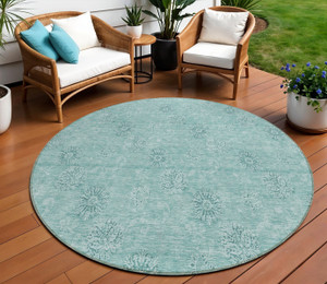 8' Teal Blue And Ivory Round Floral Washable Indoor Outdoor Area Rug - Teal Blue, Ivory