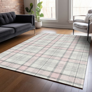 9' X 12' Pink And Gray Plaid Washable Indoor Outdoor Area Rug - 606114973157