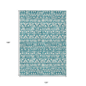 10' X 14' Teal Blue And Ivory Southwestern Washable Indoor Outdoor Area Rug