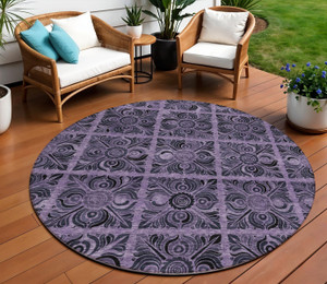 8' Purple Plum And Charcoal Round Medallion Washable Indoor Outdoor Area Rug