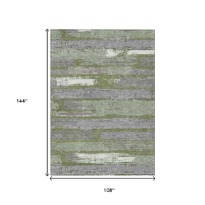 9' X 12' Olive Green Ivory And Blue Striped Washable Indoor Outdoor Area Rug