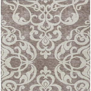 10' X 14' Taupe And Ivory Damask Washable Indoor Outdoor Area Rug