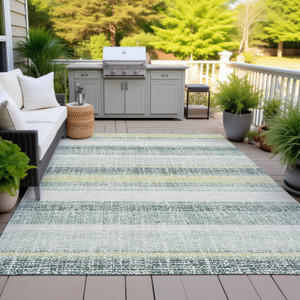 9' X 12' Pale Aqua And Lime Green Striped Washable Indoor Outdoor Area Rug