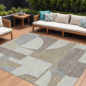 10' X 14' Khaki And Silver Geometric Washable Indoor Outdoor Area Rug