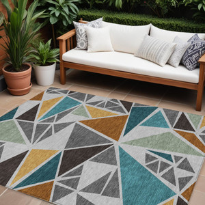 8' X 10' Gray Copper And Brown Geometric Washable Indoor Outdoor Area Rug