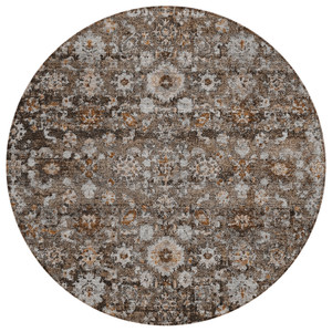 8' Dark Brown Brown And Taupe Round Oriental Washable Indoor Outdoor Area Rug