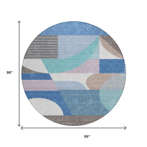 8' Sky Blue Teal Blue And Brown Round Geometric Washable Indoor Outdoor Area Rug