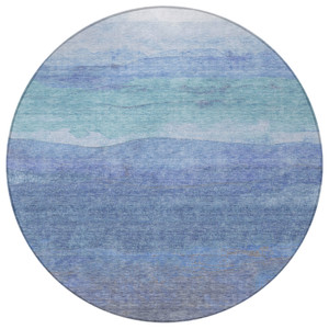 8' Blue Teal Blue And Sky Blue Round Abstract Washable Indoor Outdoor Area Rug
