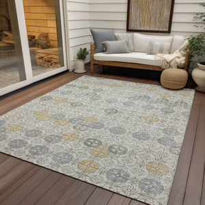 10' X 14' Ivory And Gold Geometric Washable Indoor Outdoor Area Rug