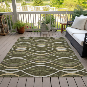 9' X 12' Olive Green Fern Green And Ivory Abstract Washable Indoor Outdoor Area Rug