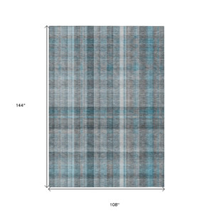 9' X 12' Teal Plaid Washable Non Skid Indoor Outdoor Area Rug