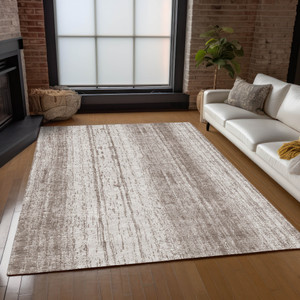 9' X 12' Taupe And Ivory Striped Washable Indoor Outdoor Area Rug